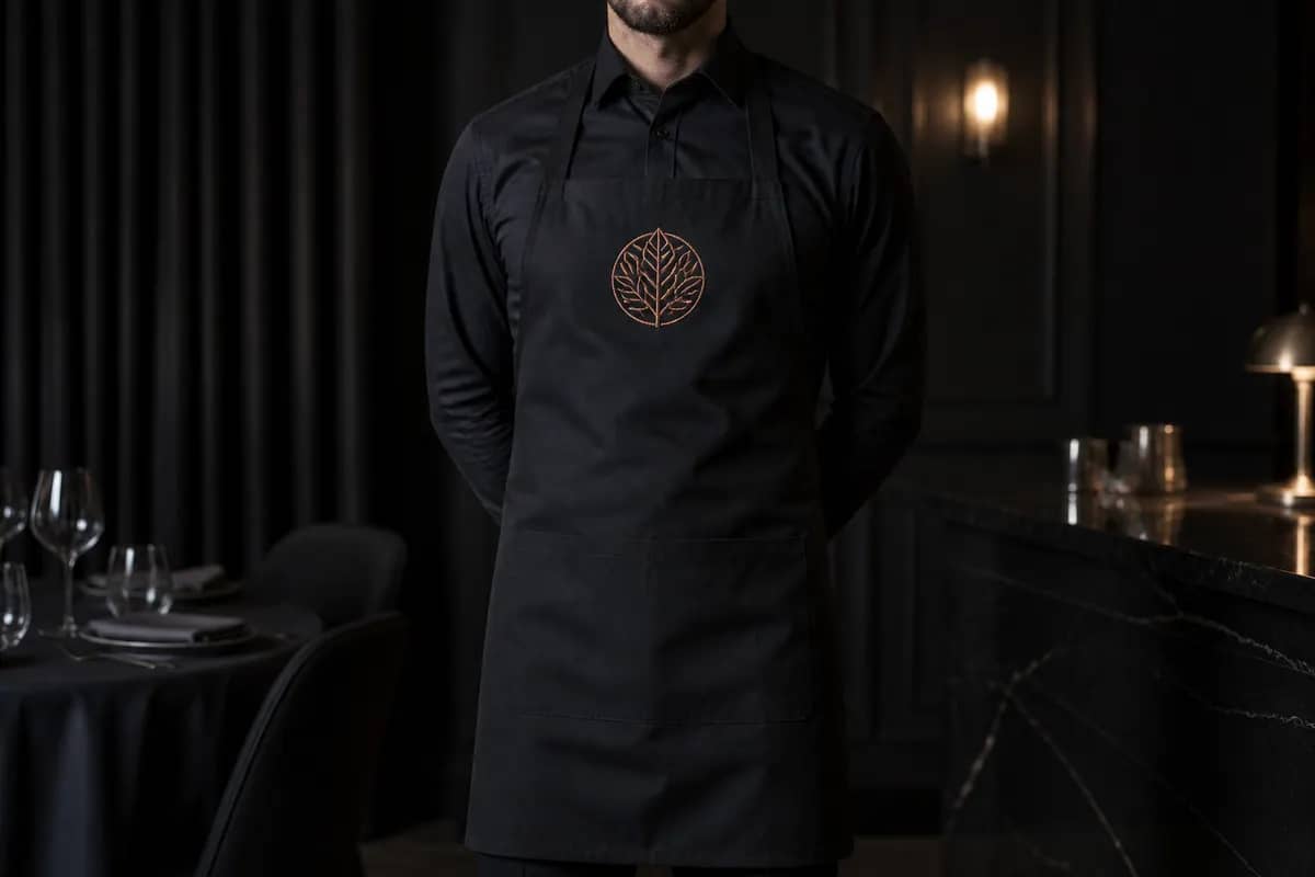Siyah garson önlüğü üzerinde bakır restoran logo nakışı