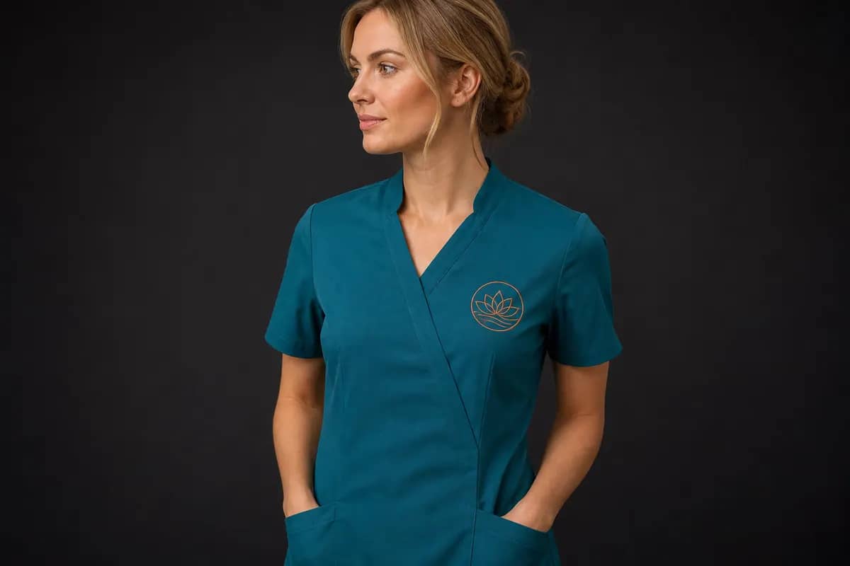 Sağlık personeli hemşire forması üzerinde klinik logo nakışı