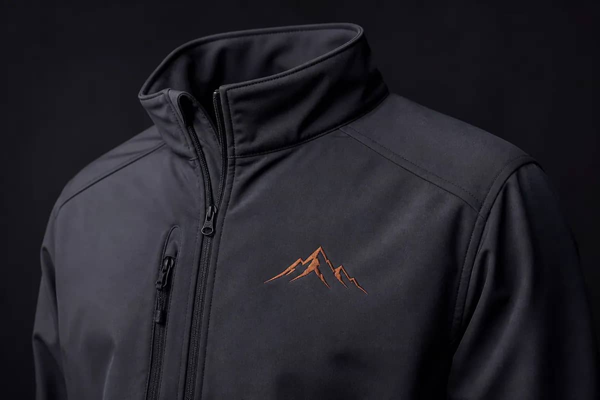 Koyu gri softshell montun göğsünde düz teknikle işlenmiş kurumsal logo