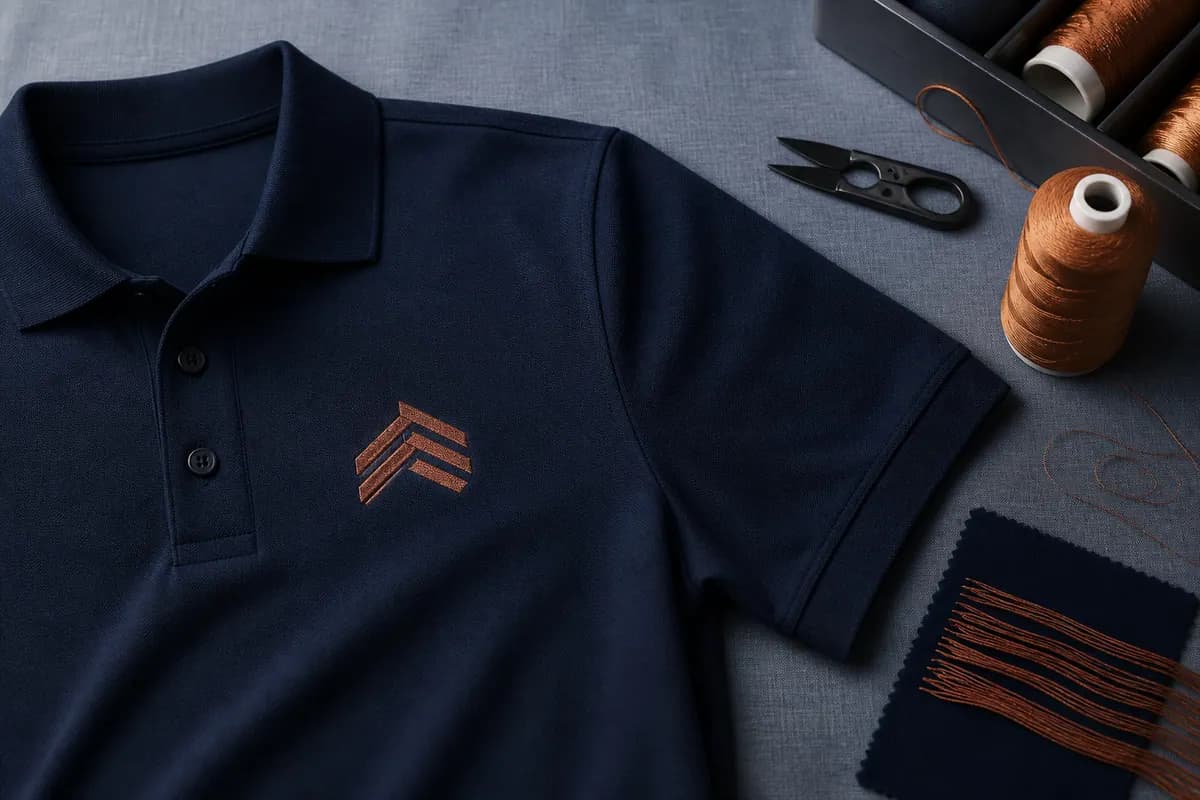 Lacivert pike polo tişörtün sol göğsünde bakır iplikle işlenmiş kurumsal logo nakışı