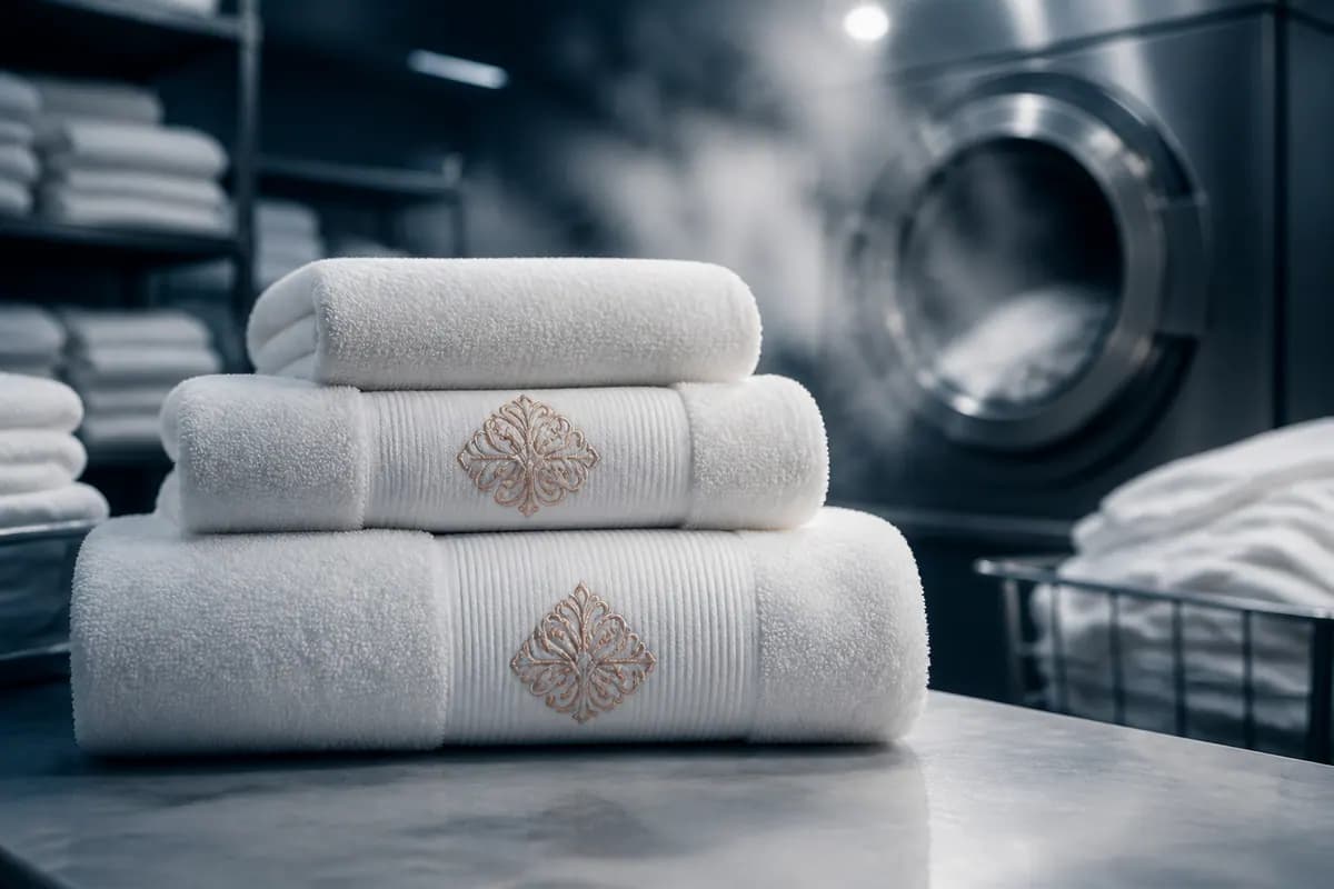 Katlanmış beyaz otel havlularının bordür bandına bakır tonlu iplikle işlenmiş monogram