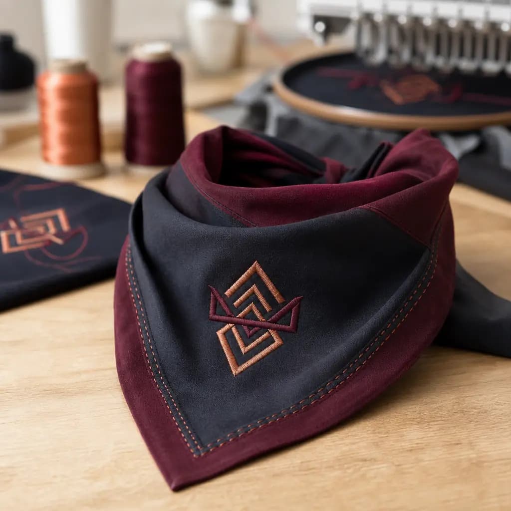 Bordo pamuk twill bandananın köşesinde küçük ölçekli marka amblemi