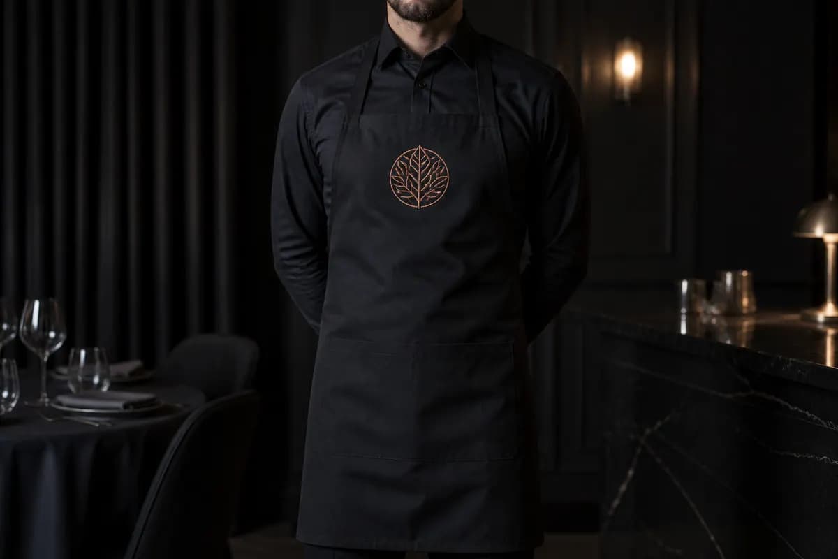 Siyah garson önlüğü üzerinde bakır restoran logo nakışı