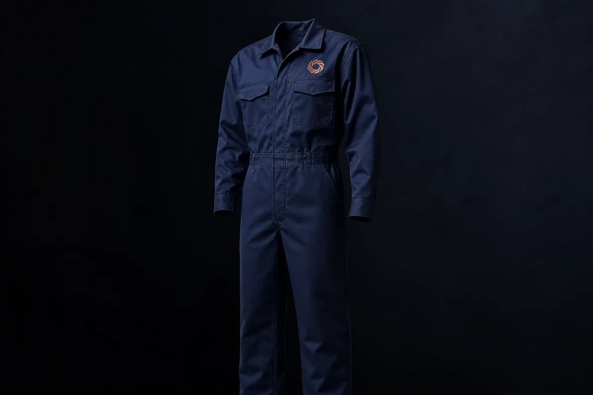 Lacivert gabardin iş tulumunun göğüs panelinde isim ve logo işlemesi