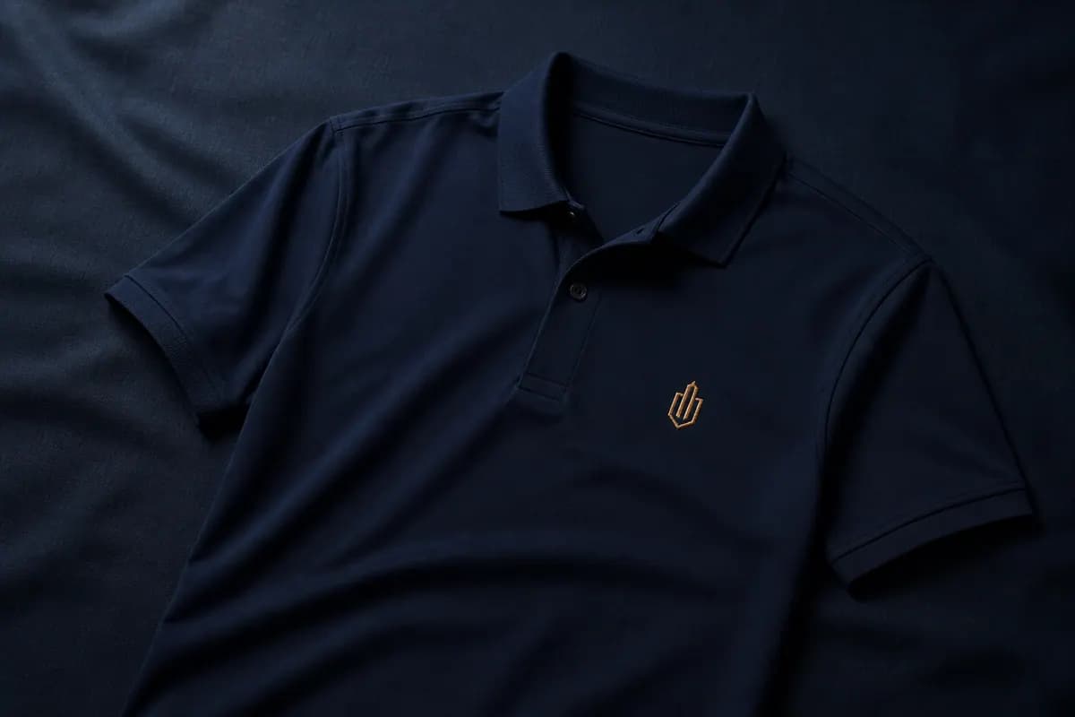 Lacivert lakost pike polo tişörtün sol göğsünde işlenmiş kurumsal logo