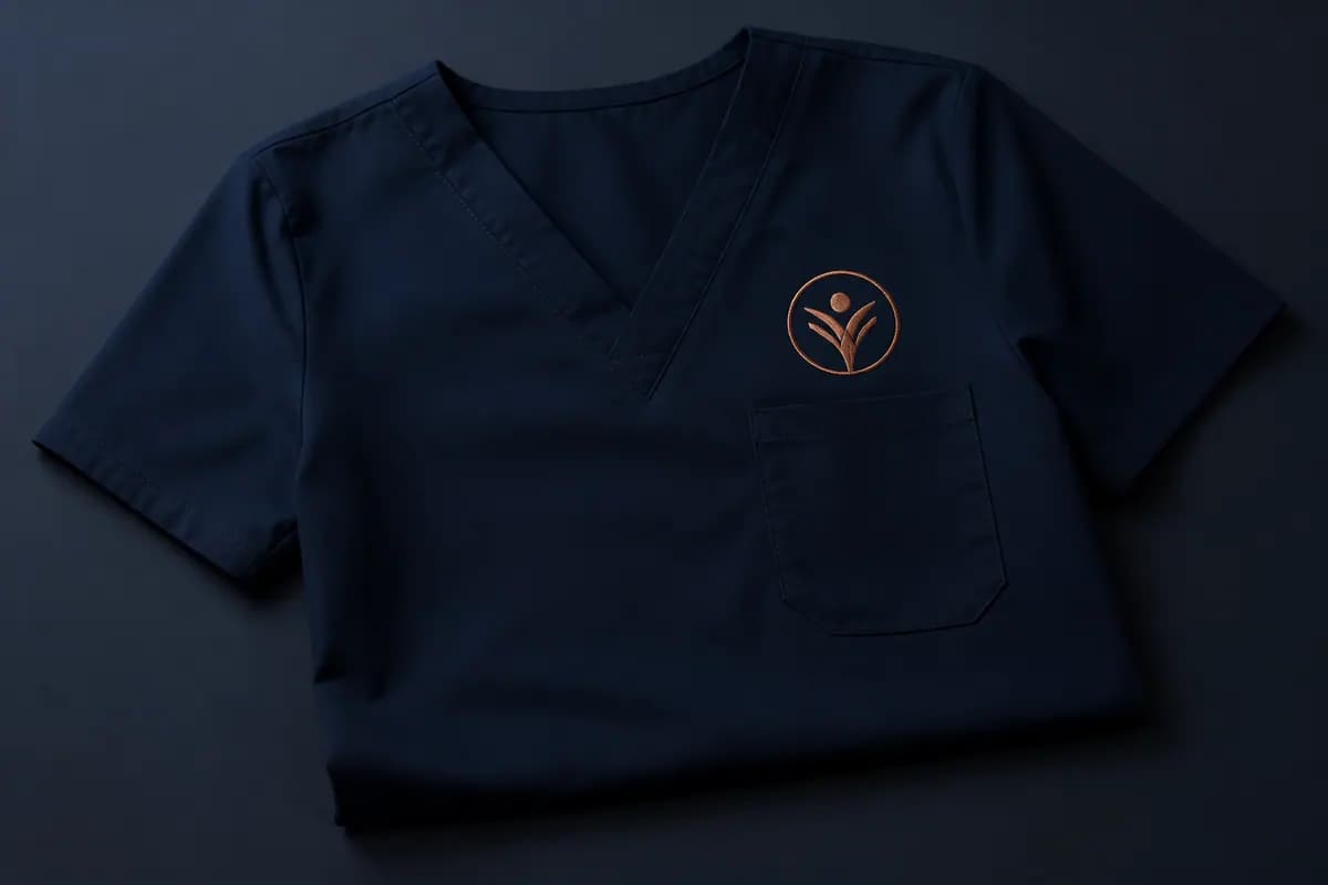 Lacivert medikal scrubs forma üzerinde bakır klinik logo nakışı