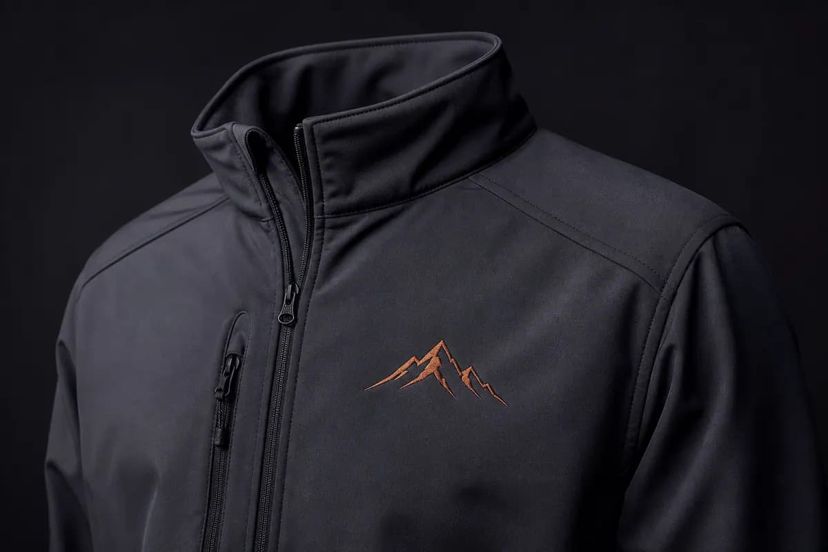 Koyu gri softshell montun göğsünde düz teknikle işlenmiş kurumsal logo