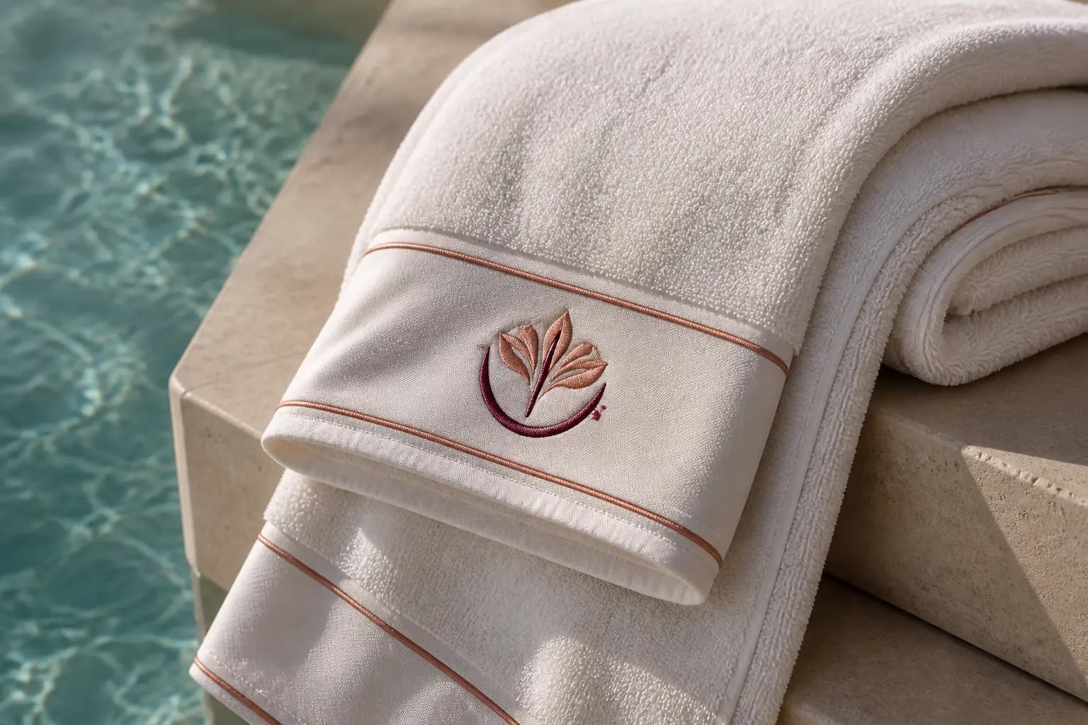 Geniş ebatlı spa havlusunun bordür bandında bakır-bordo monogram nakışı