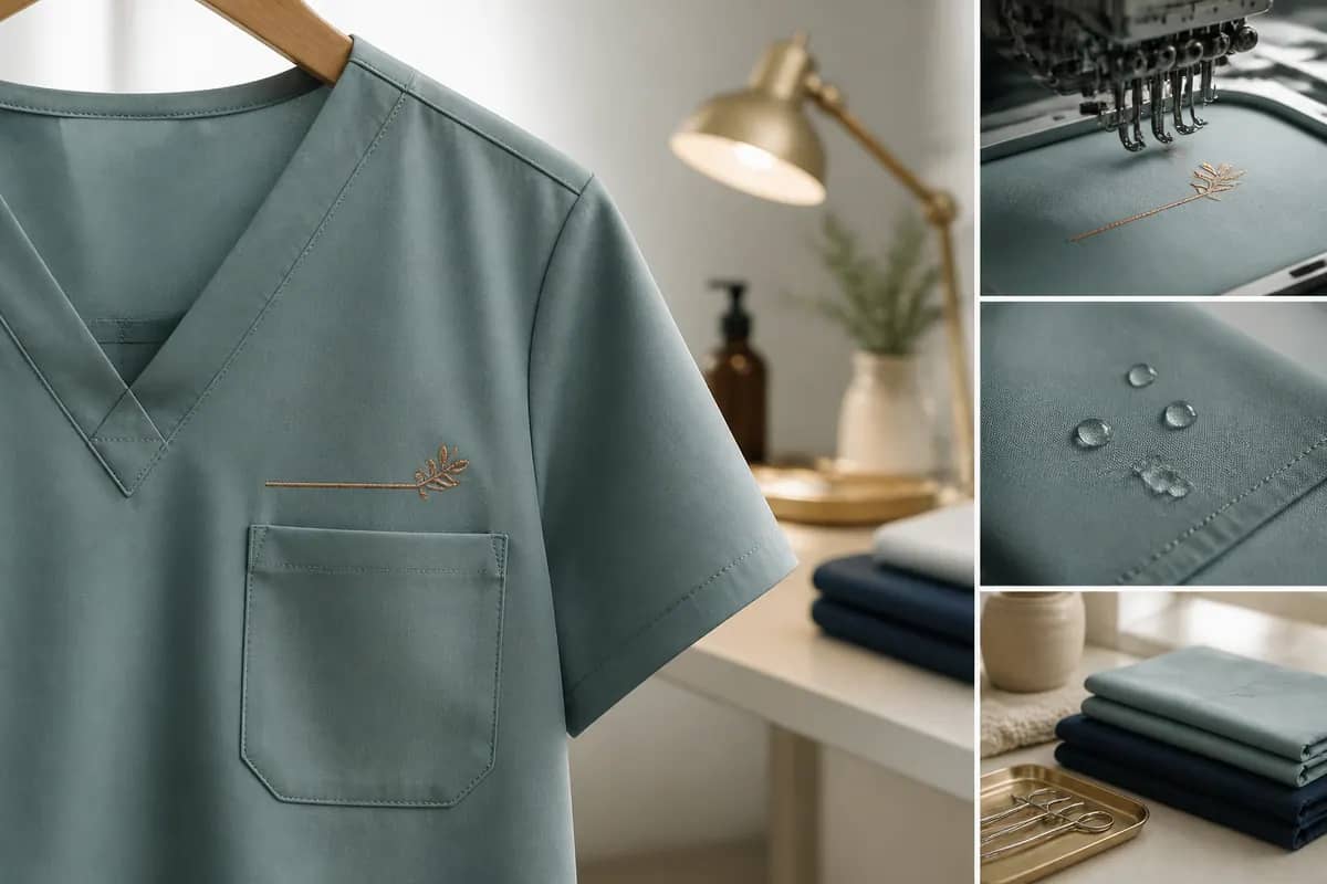 Medikal scrubs üstünün göğüs cebi hizasında sade ve küçük kurum logosu nakışı