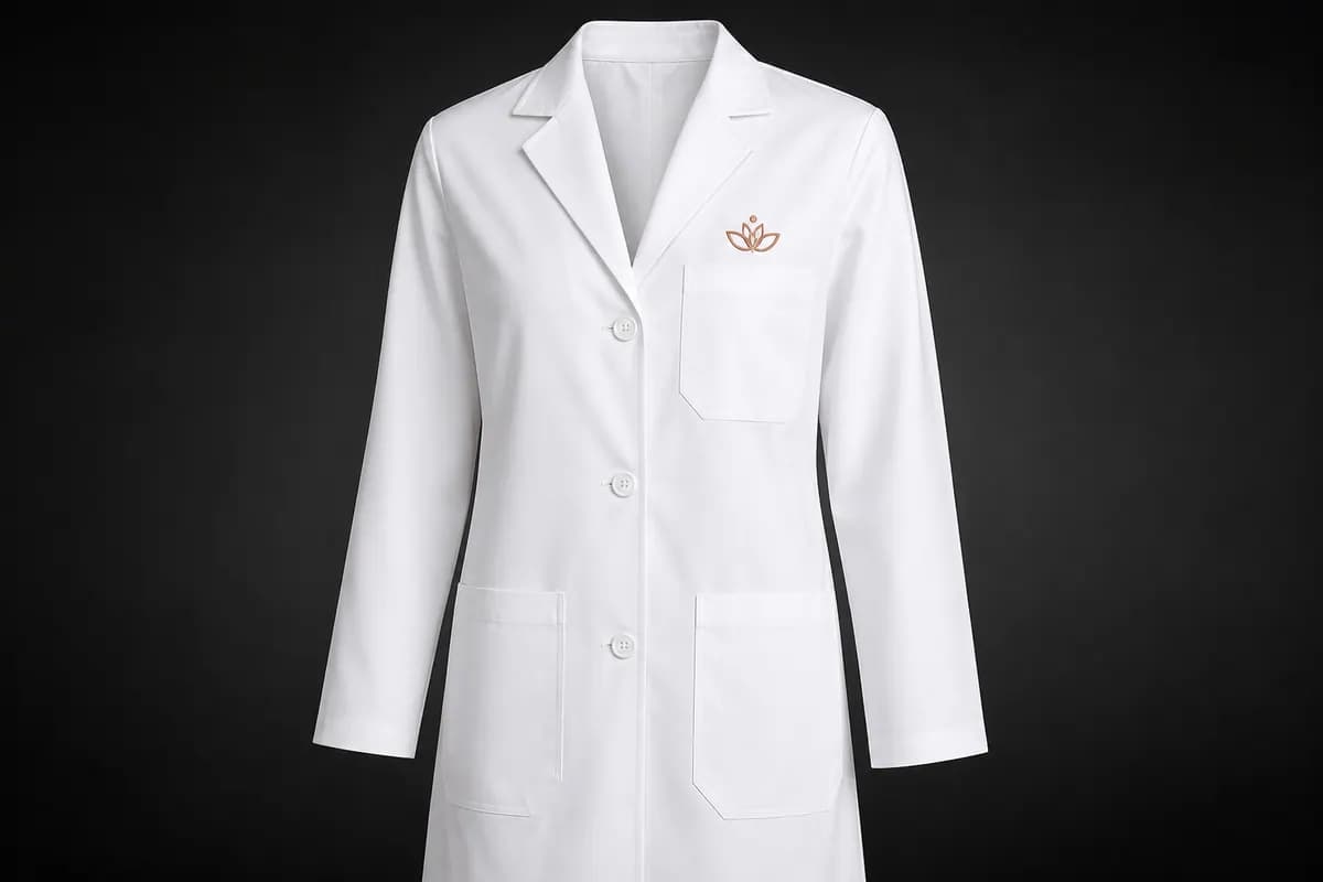 Beyaz doktor önlüğü göğsünde bakır tonlu klinik logo nakışı