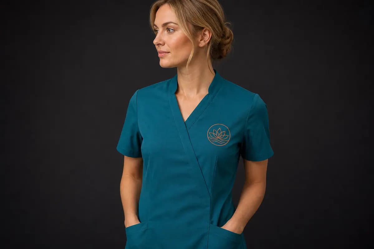 Sağlık personeli hemşire forması üzerinde klinik logo nakışı