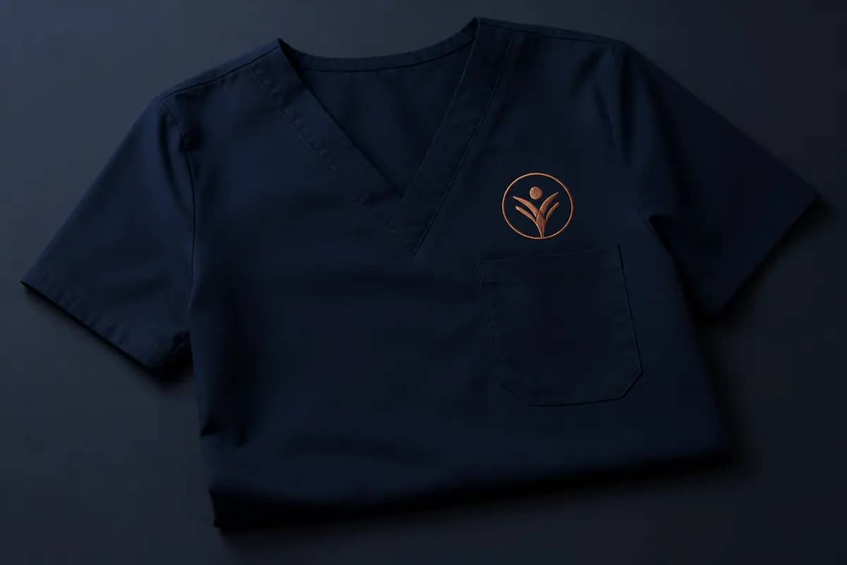 Lacivert medikal scrubs forma üzerinde bakır klinik logo nakışı