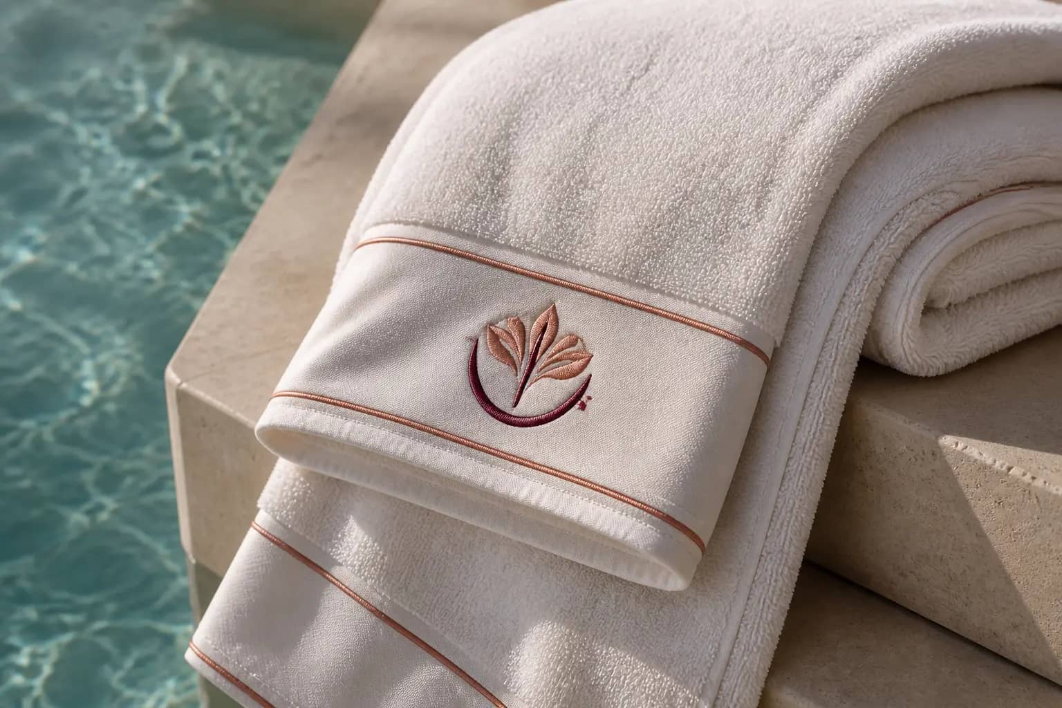 Geniş ebatlı spa havlusunun bordür bandında bakır-bordo monogram nakışı