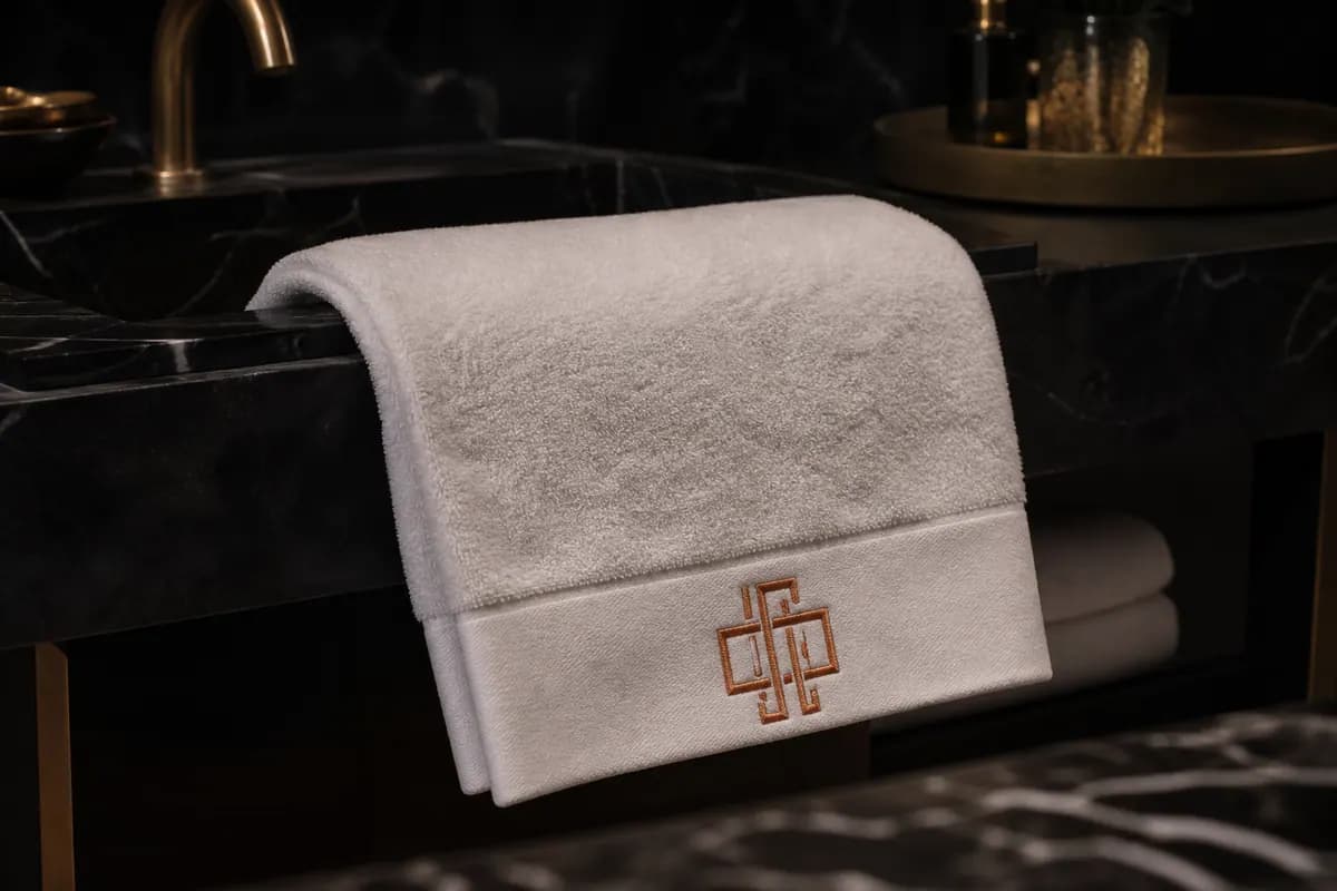 Beyaz otel havlusu bordüründe bakır monogram nakışı
