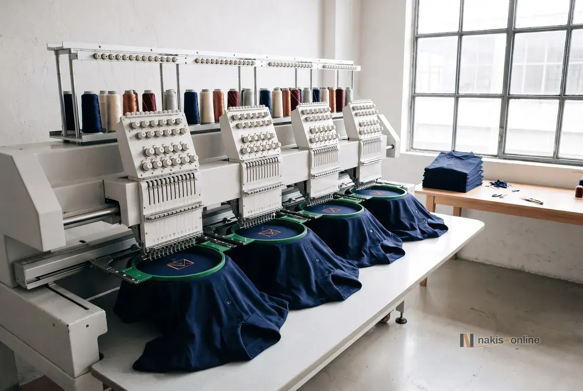 Yan yana kafaları olan nakış makinesinde, yeşil kasnaklardaki lacivert polo tişörtlerin her birine aynı bakır zarf simgesi işleniyor; pencere kenarındaki ahşap masada katlanmış polo yığını ve makaslar
