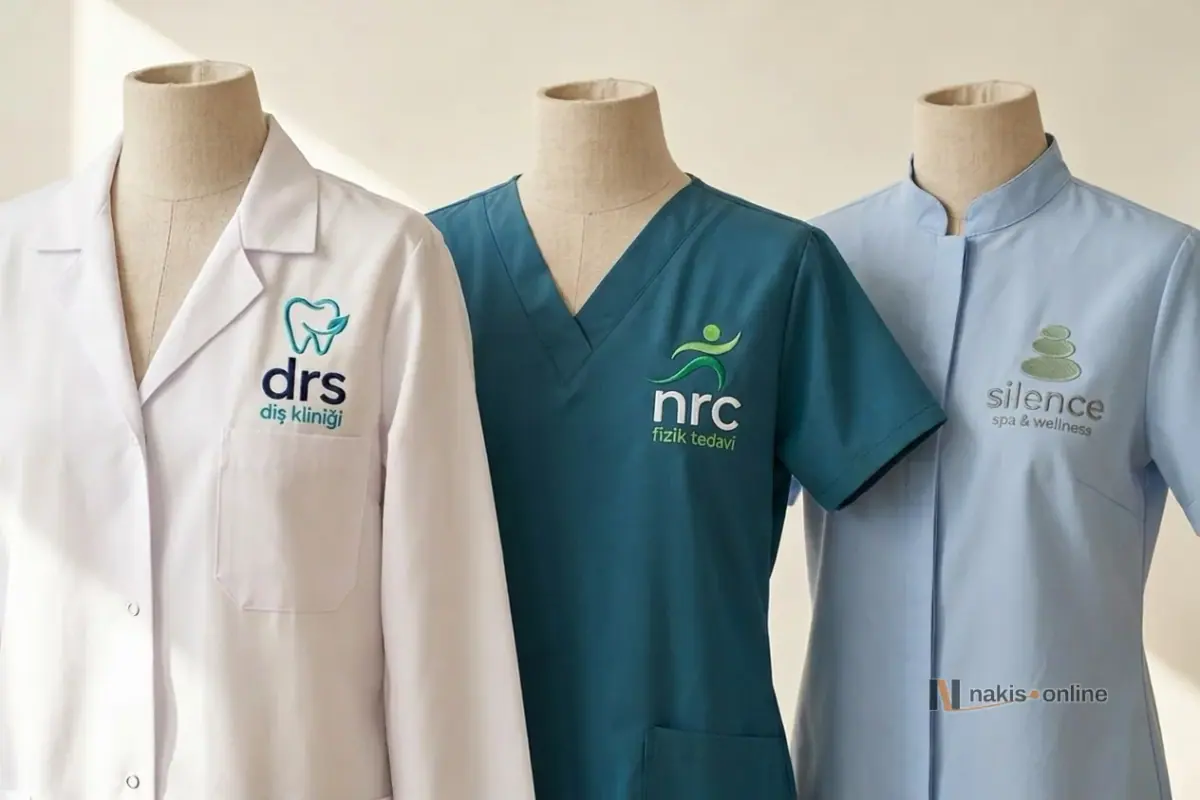 Yan yana üç terzi mankeninde beyaz doktor önlüğü, petrol rengi scrubs üstü ve açık mavi hemşire tuniği; üçünün de sol göğsünde farklı bir sağlık kurumunun logosu