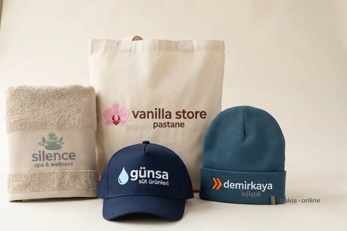 Embroidered promotional items on a pale studio floor: a beige towel, an ecru tote bag, a navy cap and a petrol-blue beanie, each carrying the logo of a different business (a spa, a pastry shop, a dairy and a logistics company)