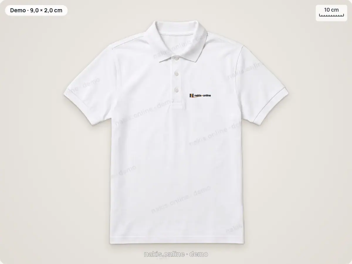 Beyaz polo yaka tişörtün sol göğsünde, düğme patının yanında 9 cm genişliğinde nakis.online logosu; sağ üstte 10 cm ölçek çubuğu