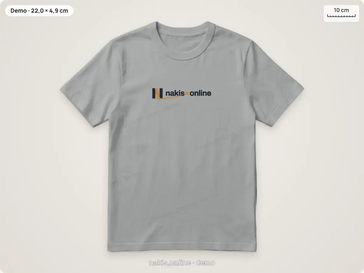 Gri melanj tişörtün göğüs ortasında, yakanın altında 22 cm genişliğinde lacivert ve bakır nakis.online logosu