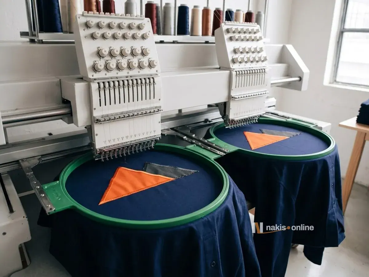 Çok kafalı nakış makinesinde aplike aşaması: yan yana iki yeşil kasnağa gerilmiş lacivert giysilerin üzerinde turuncu ve koyu gri üçgen kumaş parçaları, üst rafta sıra sıra iplik konileri, sağda pencere önünde katlı lacivert giysiler