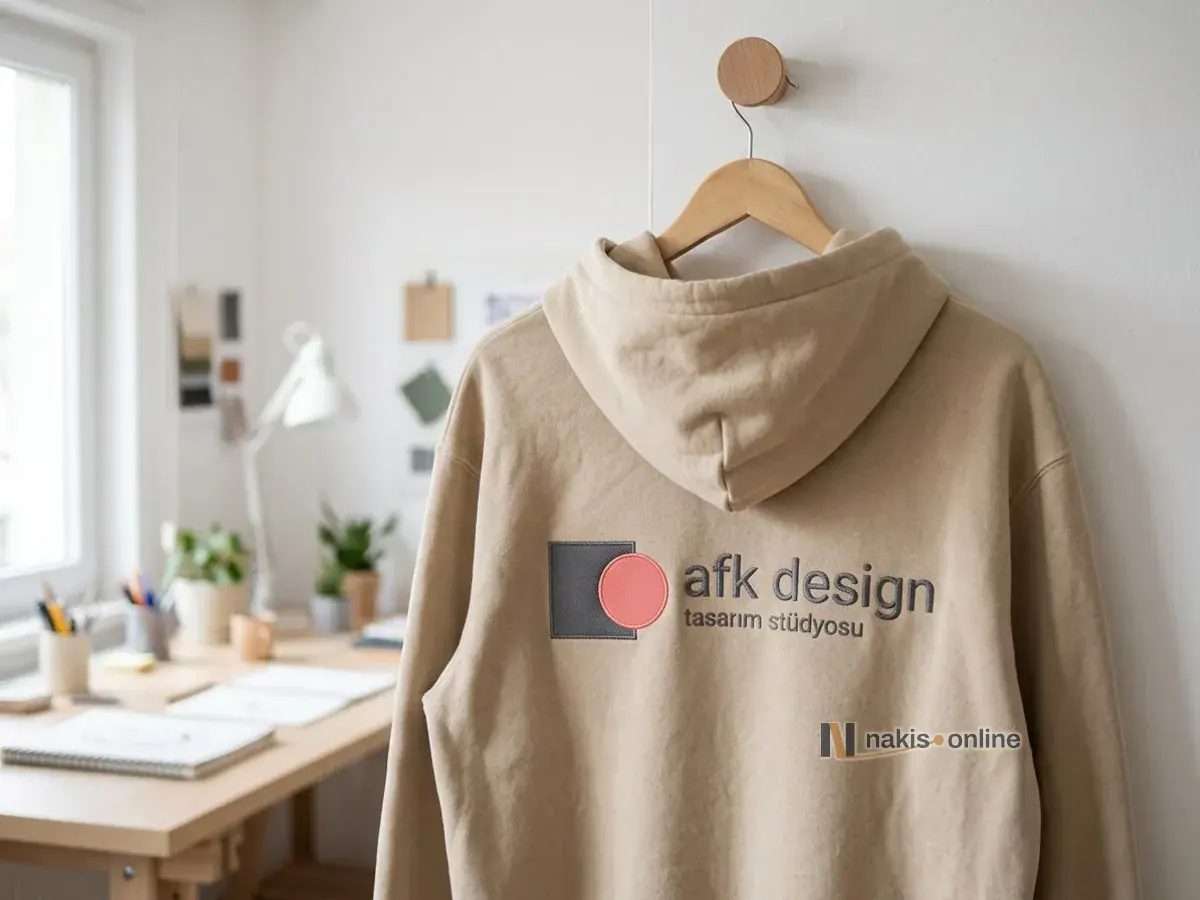 Tasarım ofisinde duvar askısında arkası dönük kum bej kapüşonlu sweatshirt; sırt ortasında grafit ve mercan dimi kumaştan kare ile daire aplikesi ve yanında koyu gri harflerle bir tasarım stüdyosunun adı