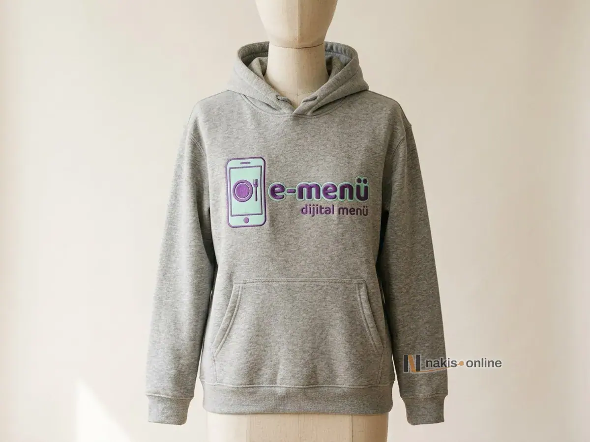 Stüdyoda terzi mankenine giydirilmiş gri melanj kapüşonlu sweatshirt; göğsün ortasında mor dimi kumaştan kesilmiş iri harfler, kenarları nane yeşili saten dikişle sarılmış bir dijital menü firmasının aplike logosu