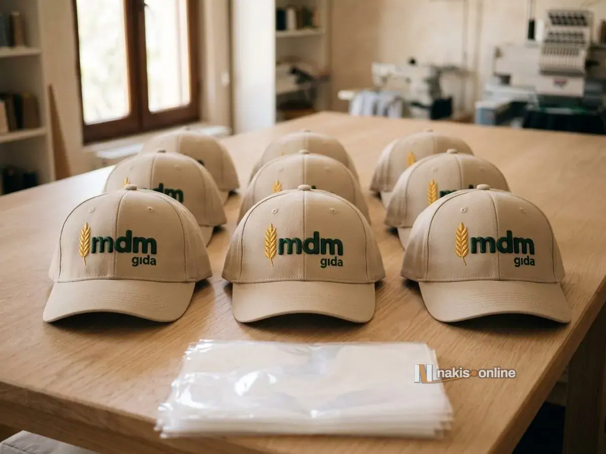 Paketlemeden önce sayılmak üzere masaya dizilmiş bir parti: aynı gıda firması logosu işlenmiş kum bej şapkalar üç sıra hâlinde duruyor, önde şeffaf poşet destesi, arkada pencere ve bulanık dikiş makineleri