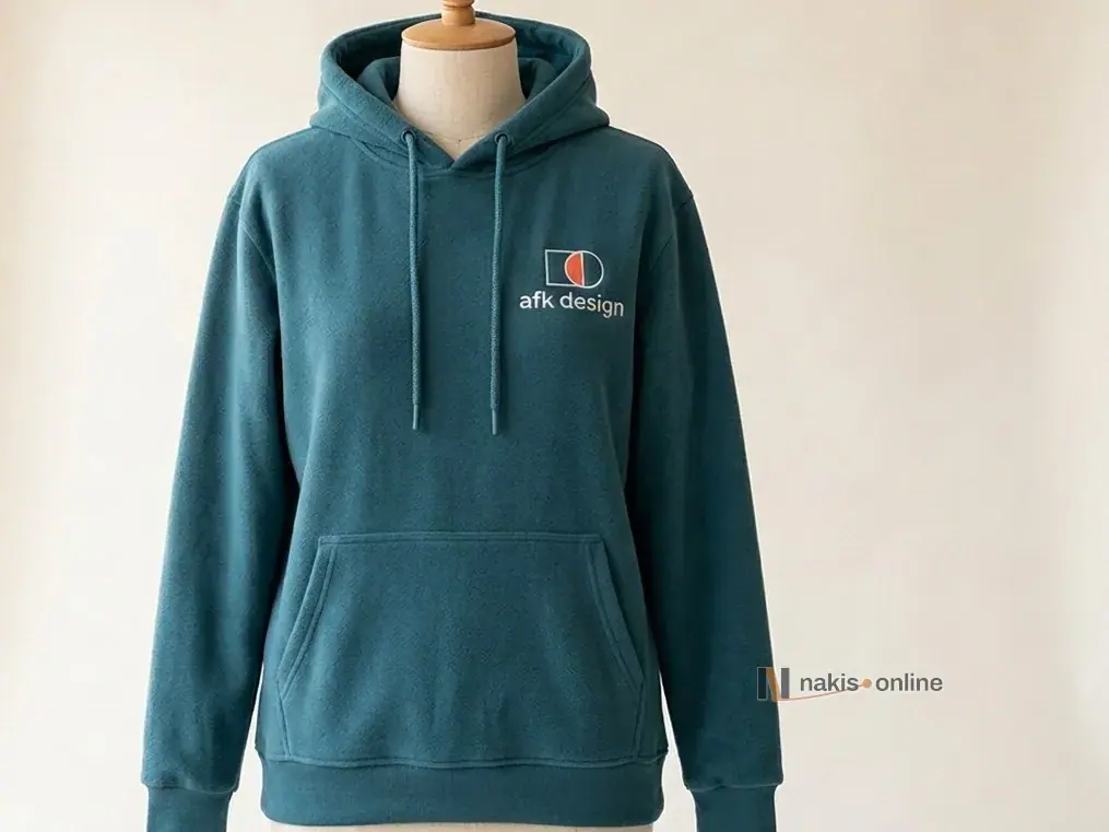 Stüdyoda terzi mankenine giydirilmiş petrol rengi kapüşonlu sweatshirt; sol göğsün üst kısmında, bağcıkların yanında, iç içe kare ve daire simgeli bir tasarım stüdyosunun logosu beyaz ve mercan iplikle işlenmiş