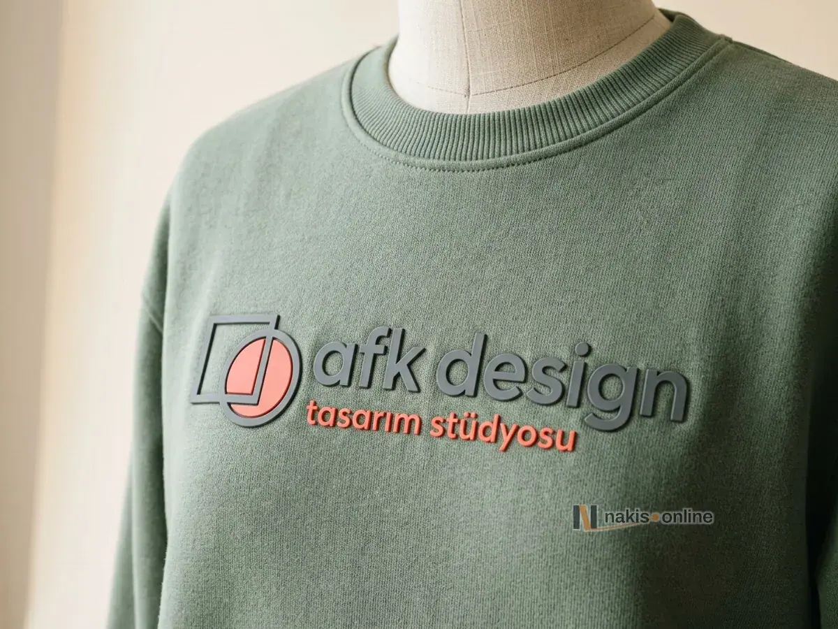 Terzi mankenindeki adaçayı yeşili sweatshirtin göğsü, yandan yakın çekim; grafit iç içe kare ve daire simgesi, mercan dolgu, grafit harfler ve altında mercan ikinci satırla bir tasarım stüdyosunun kabarık TPU logosu