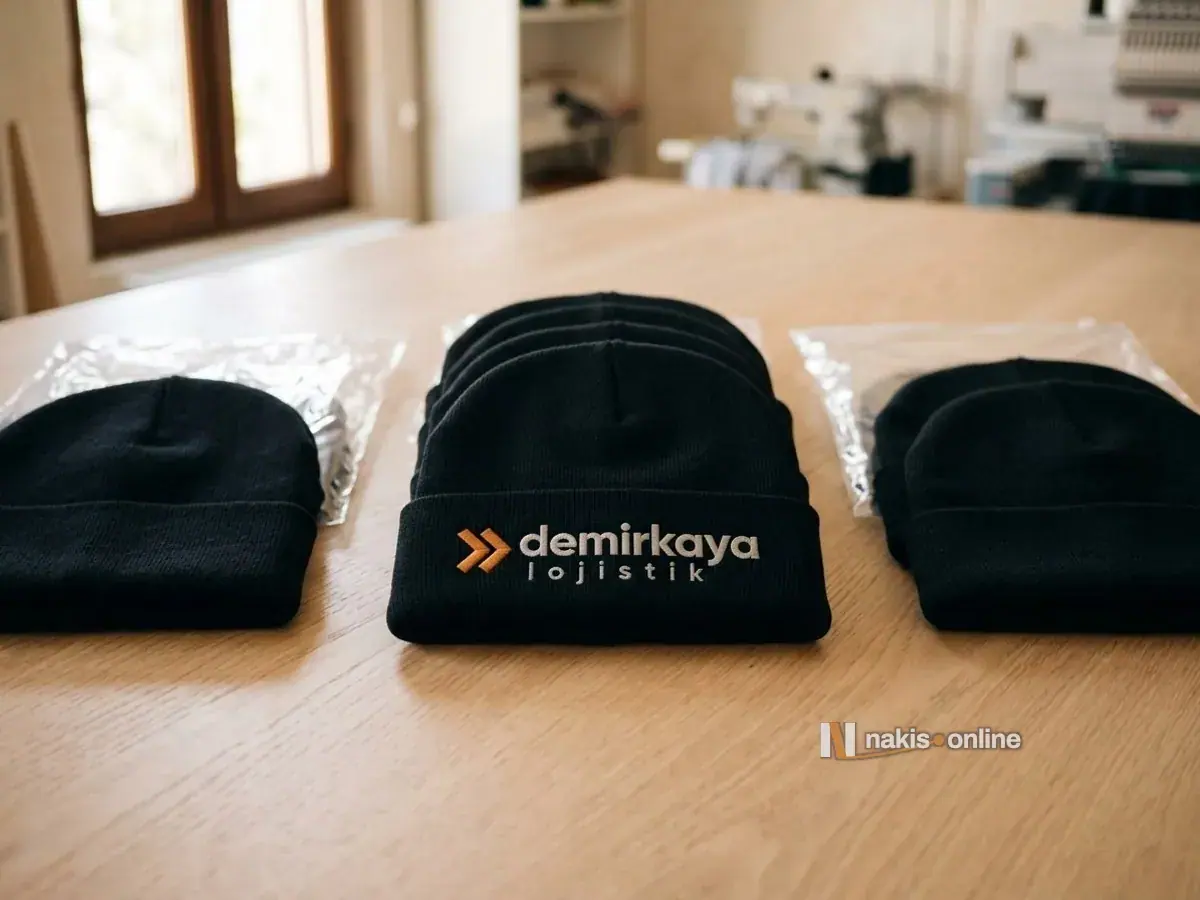 Meşe masada üç grup hâlinde dizilmiş katlı siyah örme bereler; ortadaki destenin önündeki berenin manşetinde turuncu ok simgeli, açık gri harfli bir lojistik firmasının logosu, yanlarda şeffaf poşetler