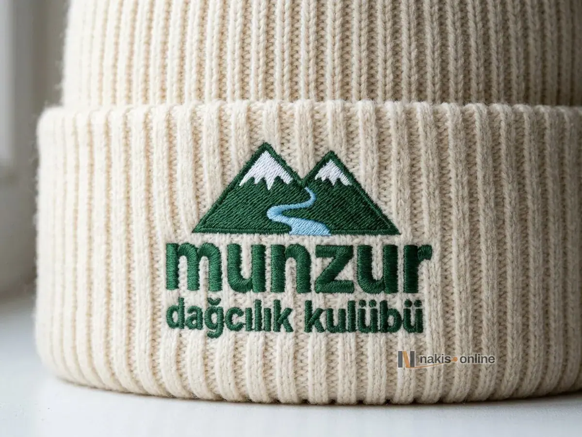 Ekru örme berenin manşetinde karlı iki dağ zirvesi ve mavi nehir simgesiyle yeşil harfli bir dağcılık kulübü logosunun makro görüntüsü; örgü fitilleri harflerin çevresinde düz
