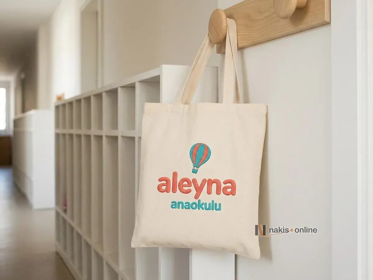 Anaokulu koridorunda ahşap askıda asılı ekru ham bez çanta; ön yüzde mercan ve turkuaz çizgili balon simgesi ve yuvarlak harflerle bir anaokulunun logosu