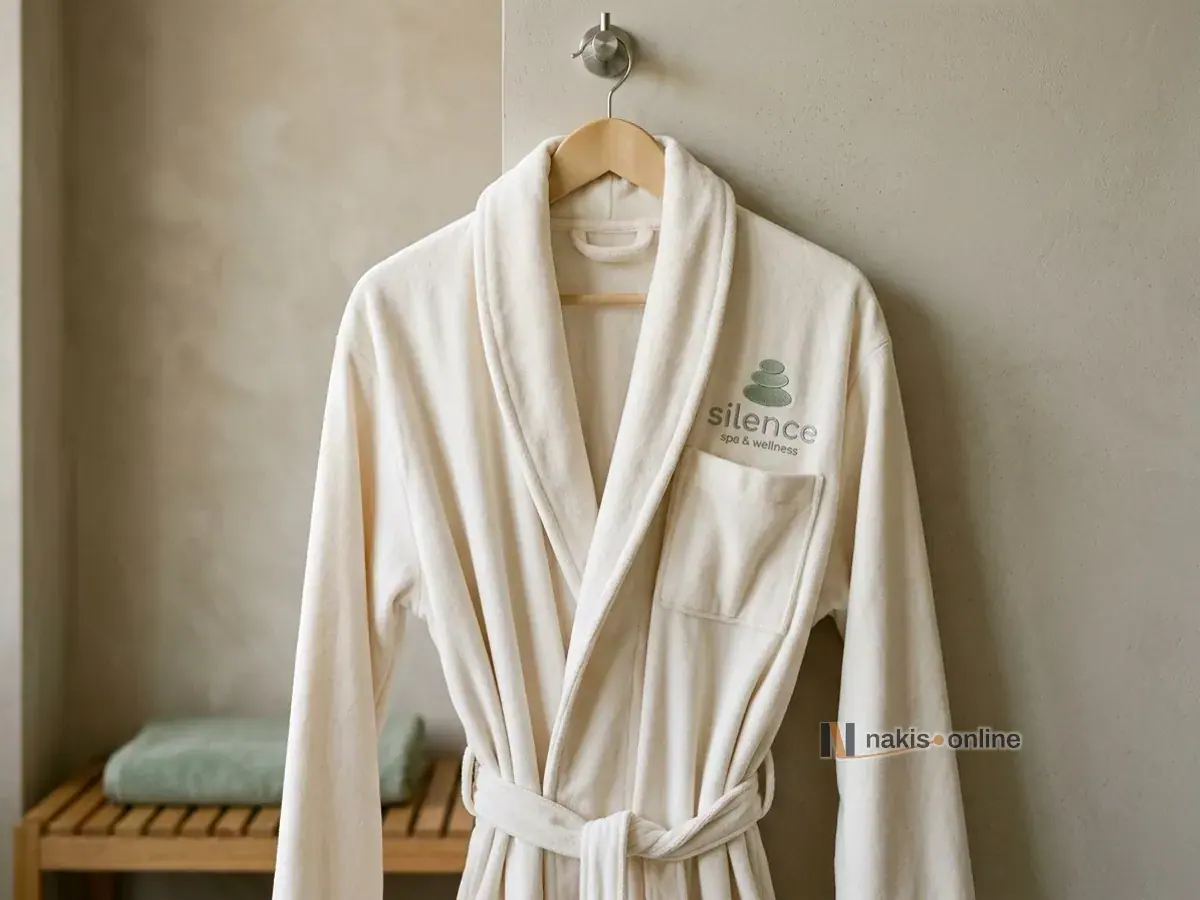 Spa dinlenme odasında meşe askıda asılı ekru kadife bornoz; sol göğüste, cebin hemen üstünde adaçayı yeşili çakıl taşı simgeli, gri harfli bir spa merkezinin logosu
