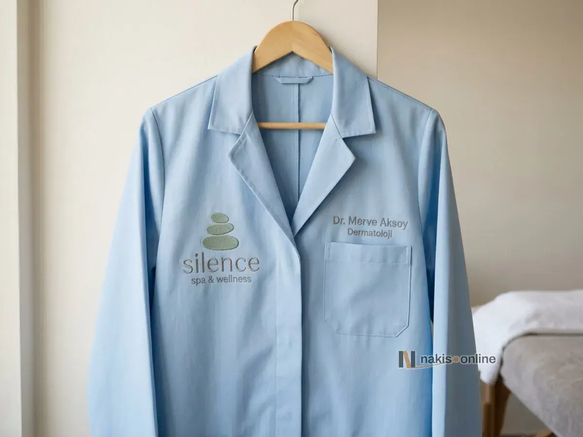 Wellness kliniğinde duvar askısında açık mavi doktor önlüğü; sağ göğüste üst üste çakıl taşı simgeli logo, sol göğüs cebinin üstünde gri iplikle ad ve unvan