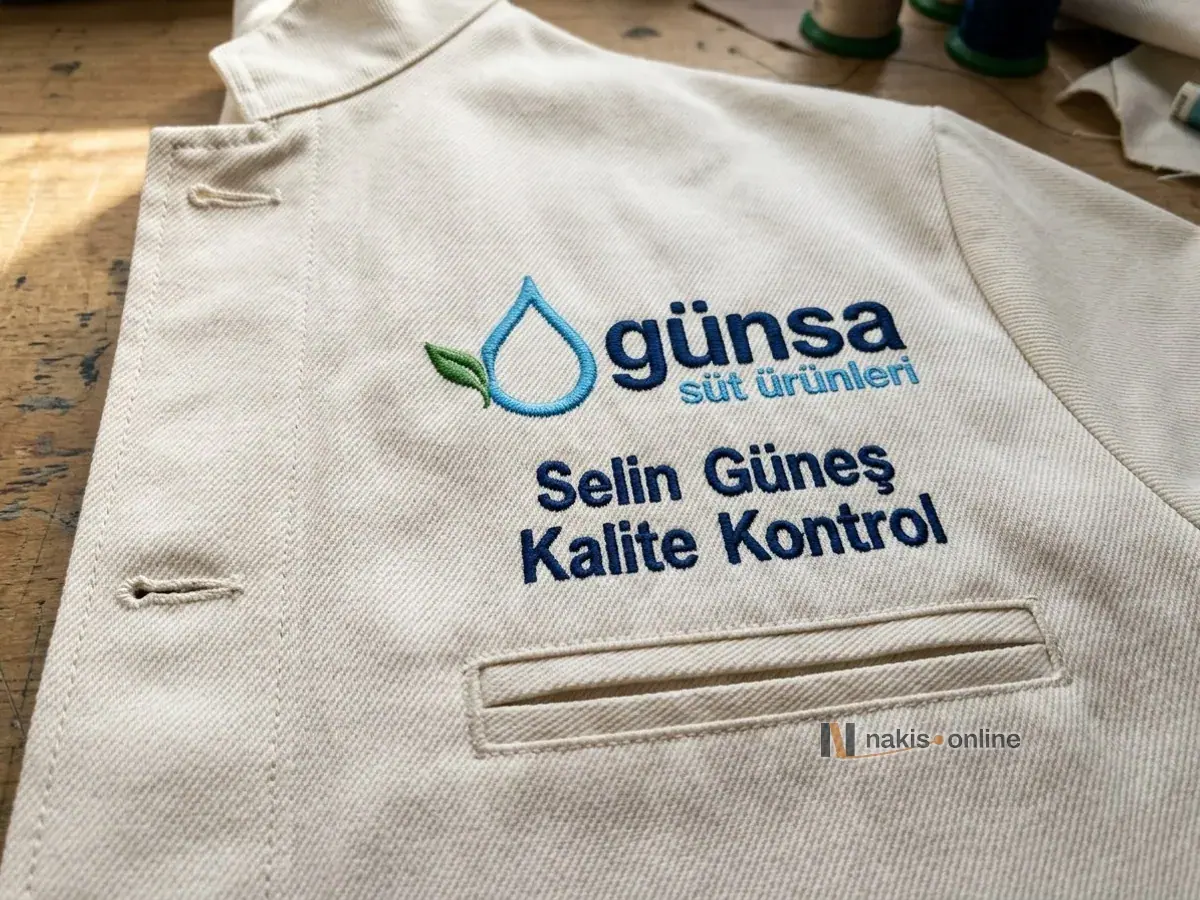 Ekru laboratuvar önlüğünün göğsünde süt damlası simgeli logo, altında lacivert iki satır ad ve görev, en altta cep ağzının yakın çekimi