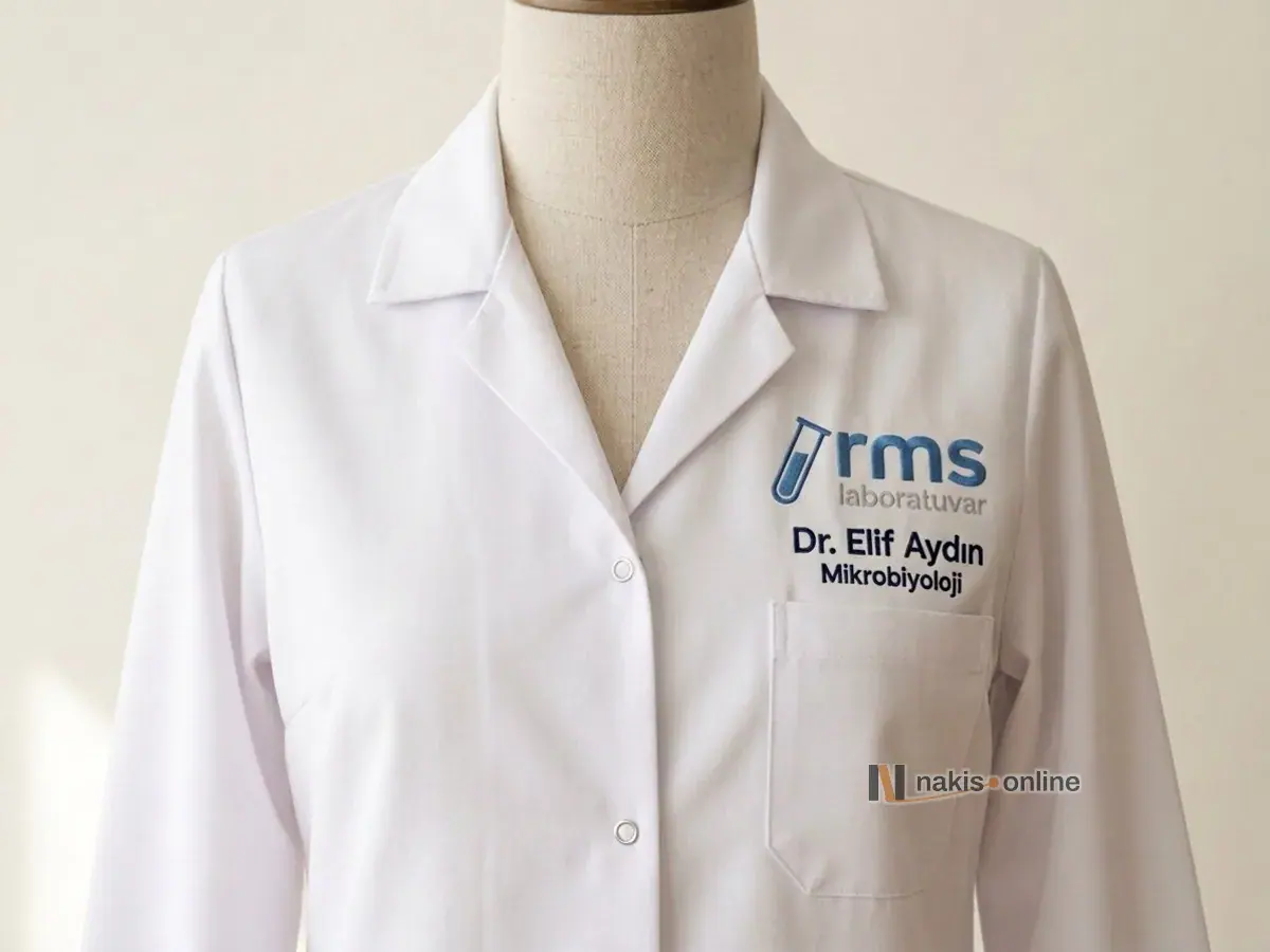 Terzi mankeninde çıtçıtlı beyaz doktor önlüğü; sol göğüste deney tüpü simgeli mavi laboratuvar logosu, hemen altında lacivert iplikle hekimin adı ve uzmanlık alanı, en altta boş göğüs cebi