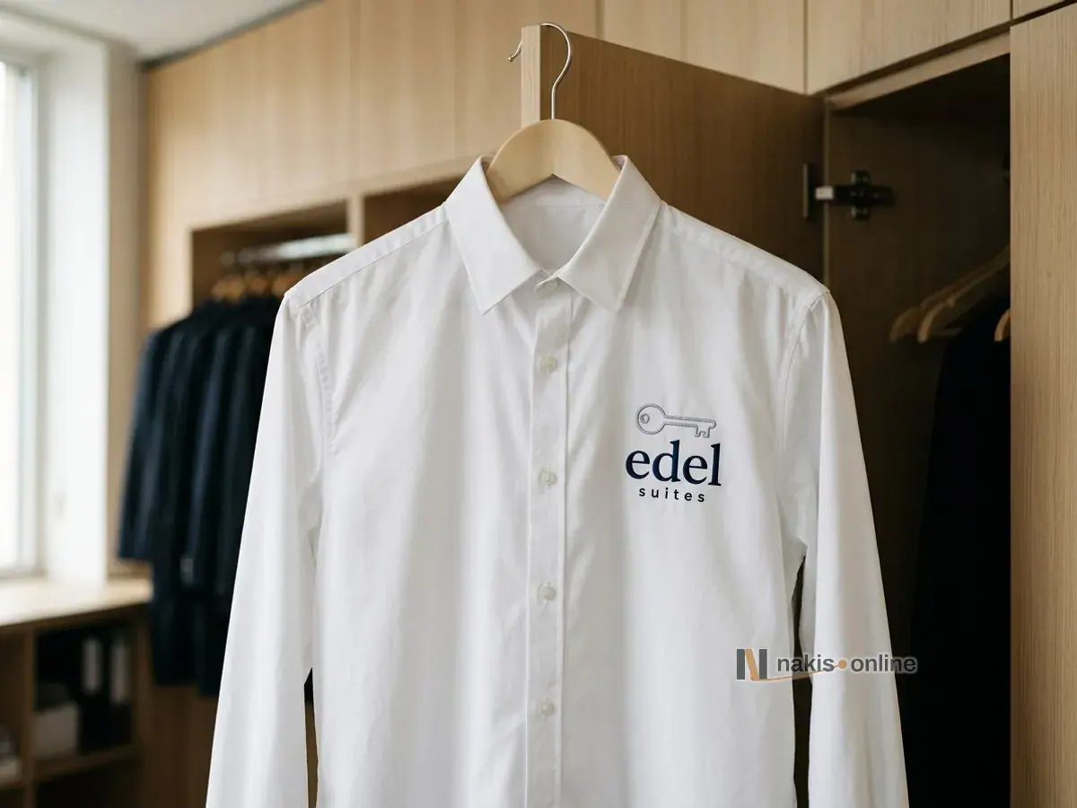 Otel resepsiyonunun arka ofisinde askıda beyaz poplin gömlek; sol göğüste gümüş gri oda anahtarı simgesi ve gece mavisi harflerle bir otelin küçük nakış logosu