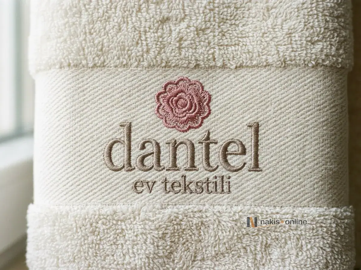 Ekru havlunun dokuma bordür bandında pembe oya rozeti simgesi ve vizon rengi serif harflerle işlenmiş bir ev tekstili mağazası logosunun makro görüntüsü