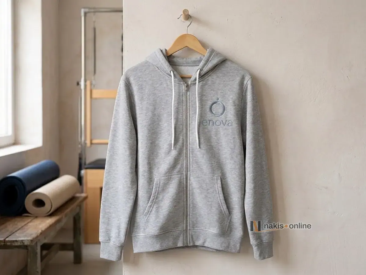 Ahşap askıda duvara asılı, fermuarlı gri melanj hoodie; gri mavi halka simgeli logo fermuar hattının ve beyaz kapüşon iplerinin dışında, sol göğüste ve kanguru ceplerin üstünde duruyor; solda bankın üstünde rulo minderler ve ahşap pilates aleti