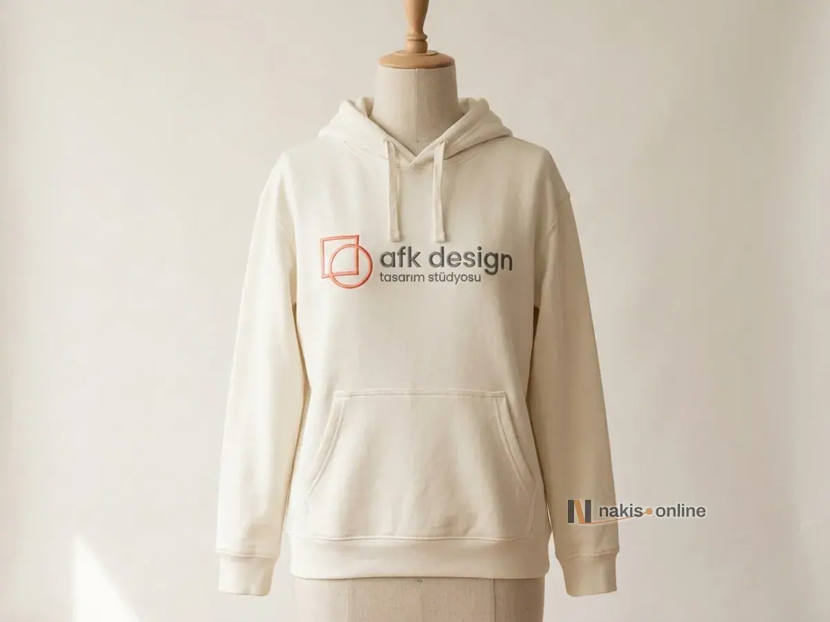 Terzi mankeninde ekru kapüşonlu sweatshirt; kanguru cebin üstünde göğüs ortasında mercan renkli kare ve daire simgesi, grafit harflerle bir tasarım stüdyosunun nakış logosu