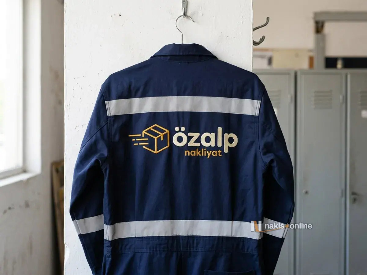 Depo soyunma alanında çengele asılı lacivert iş tulumunun sırtı; iki reflektif bandın arasında hardal koli simgesi ve krem harflerle bir nakliyat firmasının büyük logosu