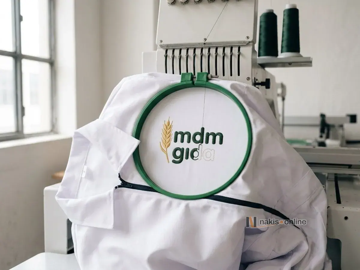 Nakış makinesinde yeşil tüp kasnağa alınmış beyaz iş tulumunun sol göğsü; buğday başağı simgeli bir gıda firmasının logosunun alt satırı işleniyor