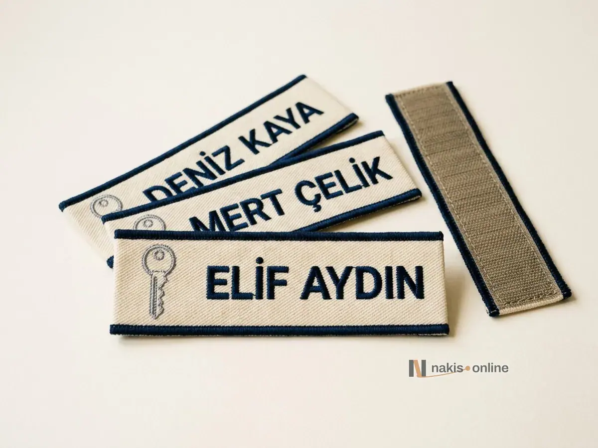 Açık renk stüdyo zemininde ekru dimi zeminli, gece mavisi merrow kenarlı üç nakışlı isimlik; ucunda küçük gümüş gri oda anahtarı simgesi ve kişi adları, dördüncüsü ters dönmüş cırtlı yüzüyle