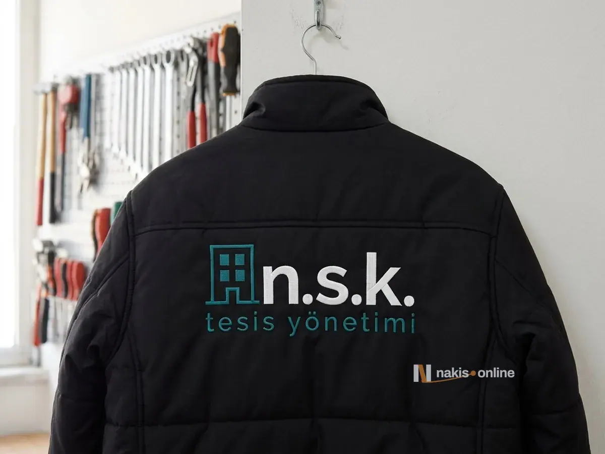 Teknik bakım odasında çengelde asılı siyah dolgulu iş montunun sırtı; sırt ortasında petrol mavisi bina simgesi ve beyaz harflerle bir tesis yönetimi firmasının büyük nakış logosu