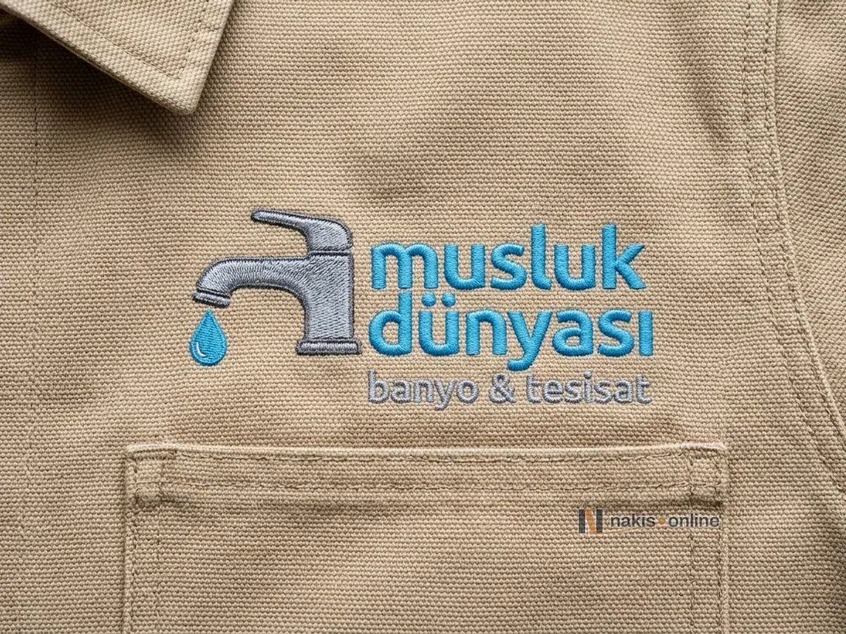 Kum rengi kanvas iş ceketinde cebin hemen üstüne işlenmiş logonun yakın çekimi; gri musluk ve mavi damla simgesi, mavi harflerle bir tesisat mağazasının adı