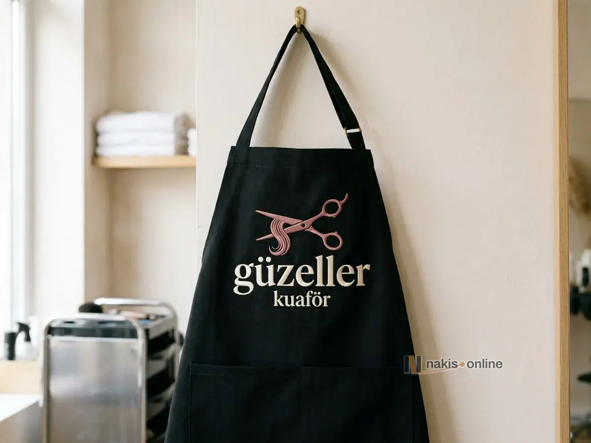 Kuaför salonunda askısından çengele asılı siyah göğüslü önlük; göğüs panelinin ortasında gül kurusu makas simgesi ve krem harflerle bir kuaförün nakış logosu