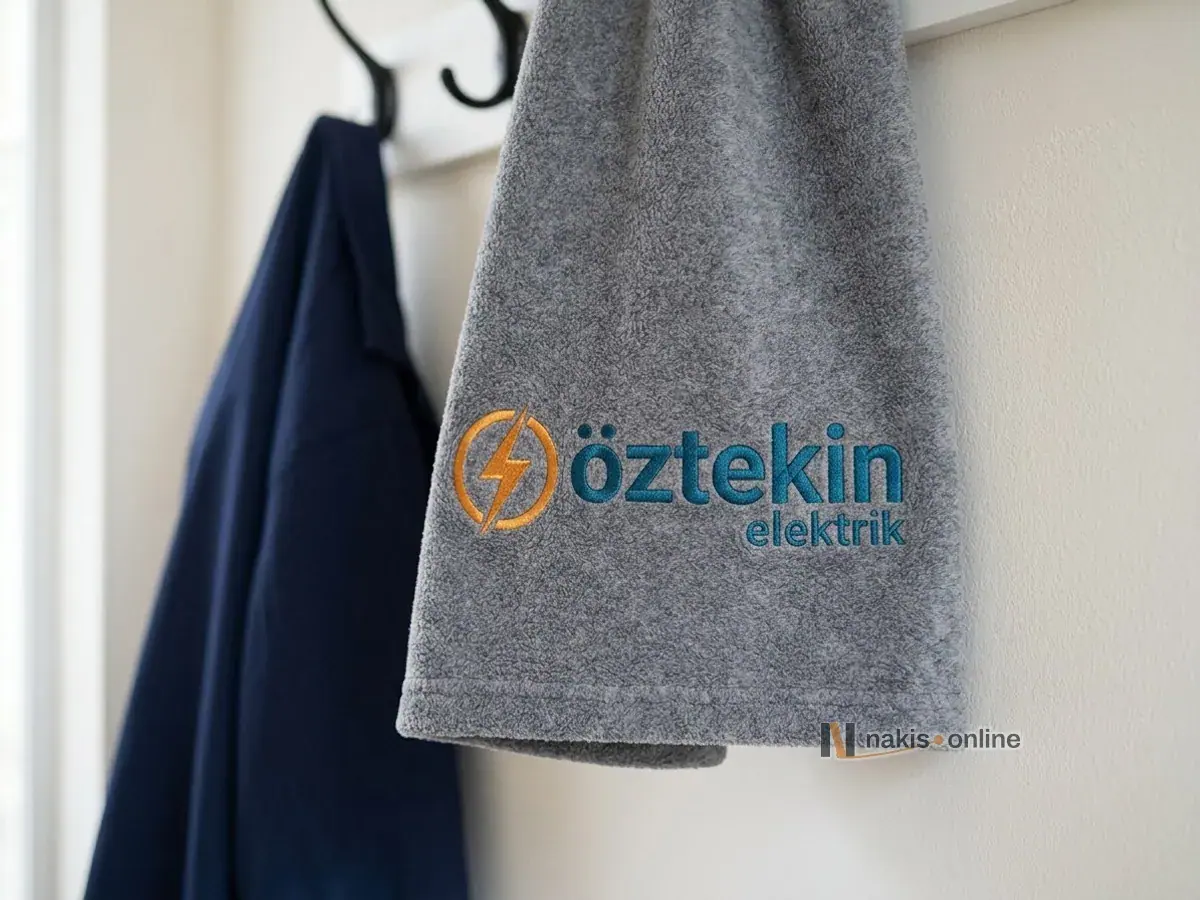 Bir elektrik firmasının atölye girişinde askıda sarkan gri melanj polar atkı; ucunda amber şimşek simgeli, petrol mavisi harfli firma logosu düz okunuyor