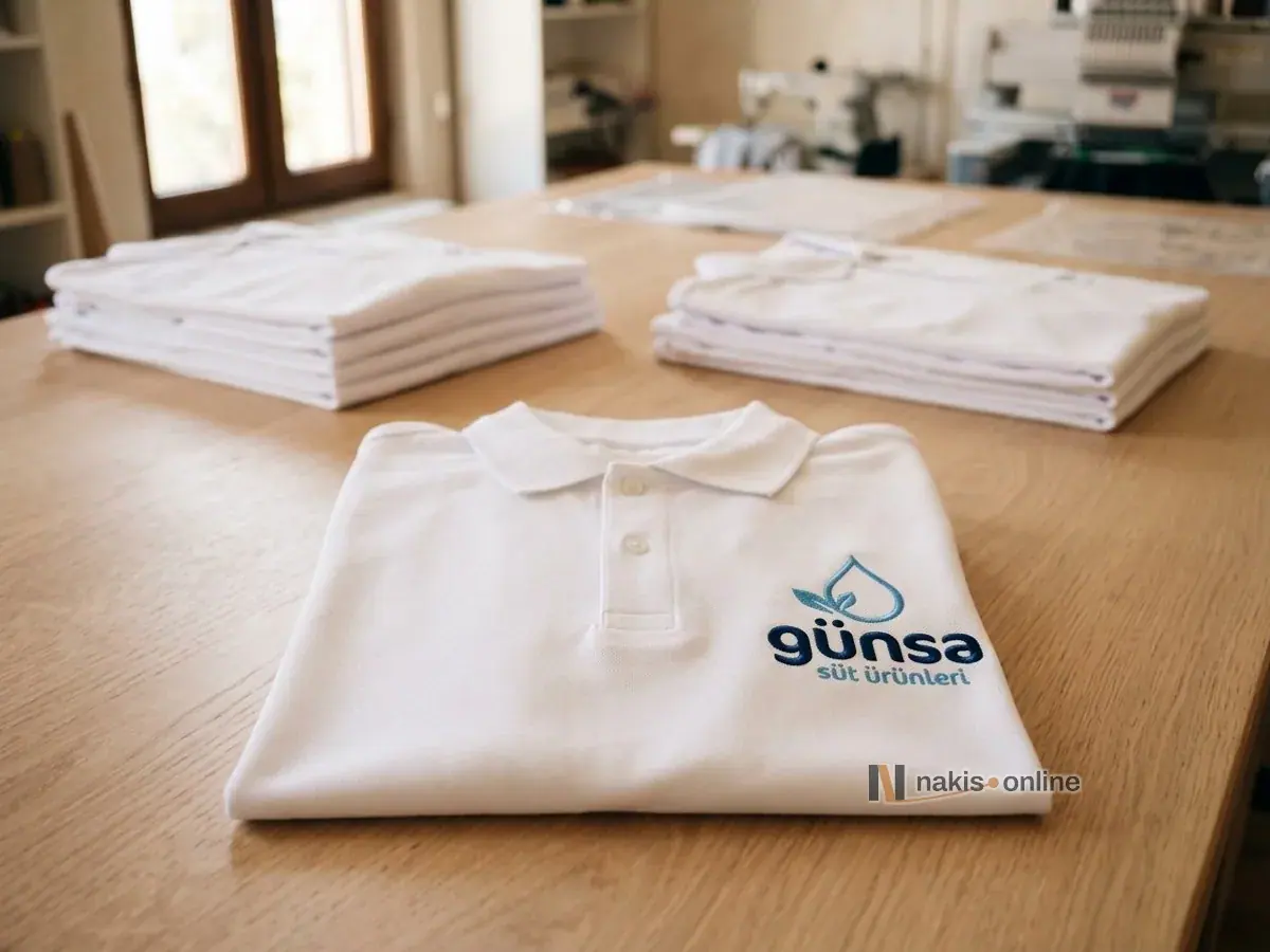 Açık meşe paketleme masasında katlanmış beyaz pike polo tişört; sol göğsünde gök mavisi süt damlası simgeli bir süt ürünleri firmasının logosu, arkada flu polo desteleri ve boş şeffaf poşetler