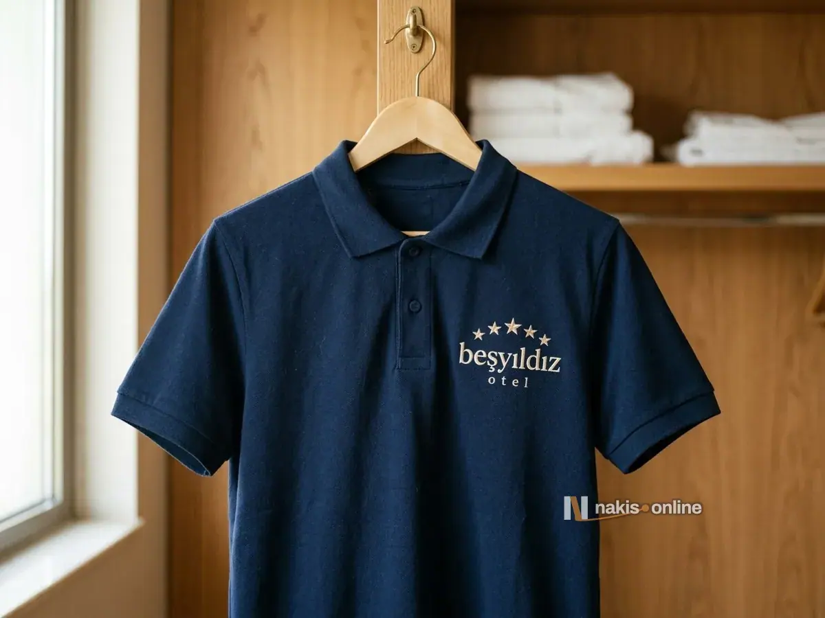 Otel personel odasında ahşap askıda asılı lacivert polo yaka tişört; sol göğüste kemer biçiminde beş küçük yıldız ve krem harflerle bir otelin nakış logosu