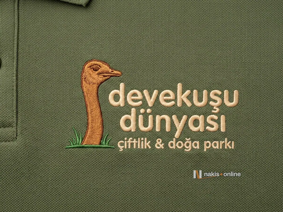 Zeytin yeşili pike polonun sol göğsünde yakın çekim nakış; kahverengi devekuşu başı simgesi ve kum rengi harflerle bir doğa parkının logosu, saten dikiş yönü seçiliyor